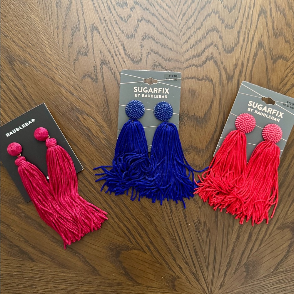 BaubleBar Sugarfix Red and Blue Tassel Earrings Trio